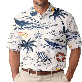 Nautical Speedboats Palms And Starfish For Relaxed Summer Beach Vacation Wear Men Men's Polo Shirt