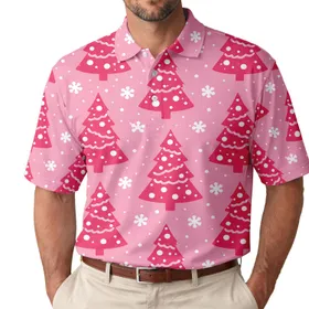 Raspberry Pink Christmas Trees And White Snowflakes For Holiday Parties And Men Gifts Men's Polo Shirt