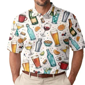 Hand Drawn Cocktail Drinks And Wine Bottles For Happy Hour Parties And Bar Lovers Men's Polo Shirt