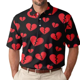 Scarlet Broken Hearts on Black for Date Nights, Casual Outings and Valentine Style Men's Polo Shirt
