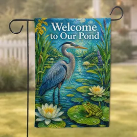Heron And Frog Pond Scene Welcome Decor For Patio, Yard, Porch, And Nature Lovers Garden Flag