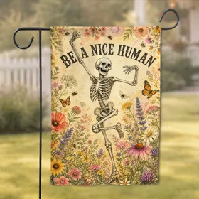 Boho Skeleton Dance With Wildflowers For Halloween Porch And Rustic Farmhouse Charm Garden Flag