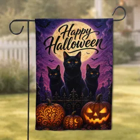 Moonlit Halloween Cats And Pumpkins For Porch, Yard, Patio, And Entryway Decor Set Garden Flag