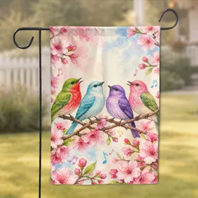 Spring Songbirds on Cherry Blossoms for Porch Decor and Home Entryways, Cottage Style Garden Flag