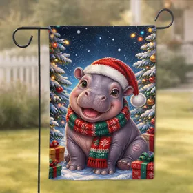 Baby Hippo Christmas Festive Porch Decor For Winter Home And Yard Holiday Displays Garden Flag