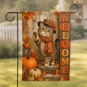 Welcoming Autumn Cat with Pumpkins and Harvest Leaves for Farmhouse Entryway Decor Garden Flag