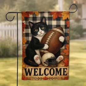Autumn Tuxedo Cat With Football and Buffalo Plaid for Thanksgiving Farmhouse Decor Garden Flag