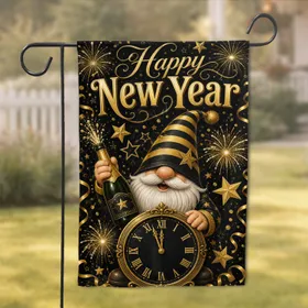 New Year Gnome With Champagne And Clock For Holiday Yard Decor In Black And Gold Garden Flag