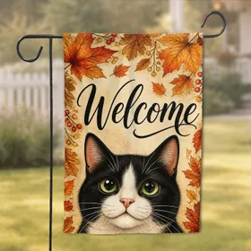 Welcome Autumn Tuxedo Cat Porch Decor With Maple Leaves For Porch And Yard Guests Garden Flag