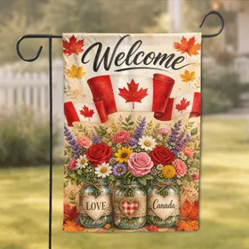 Canada Day Welcome Sign With Floral Maple Bouquet And Maple Ribbons For Yard Decor Garden Flag