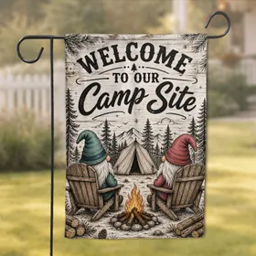 Rustic Camping Welcome Gnomes with Pine Trees for Campsite Porch and Cabin Decor Garden Flag