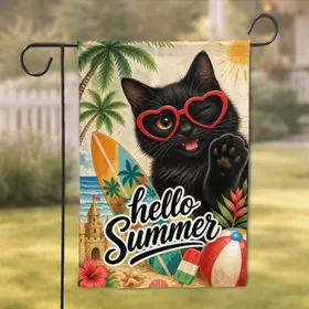 Black Cat With Red Heart Sunglasses Beach Cottage Decor For Tropical Summer Guests Garden Flag
