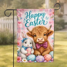 Happy Easter Highland Cow and Bunny Spring Porch Decor for Home, Patio, and Yard Garden Flag
