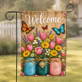 Welcome Mason Jar Bouquet With Butterflies For Spring Porch And Patio Decor Accent Garden Flag