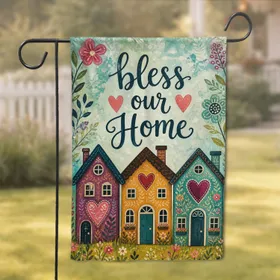 Bless Our Home Folk Art Cottage Blessing for Front Porch and Entryway Wall Accents Garden Flag