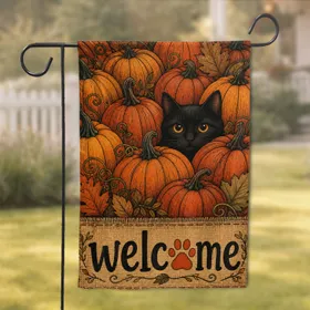 Black Cat Peeking From Pumpkin Patch Autumn Welcome Porch Decor For Fall Entryway Garden Flag