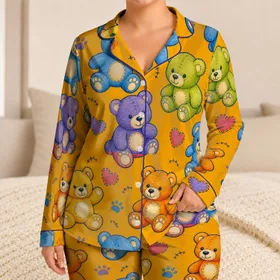Colorful Teddy Bear Motifs for Cozy Nights, Relaxed Weekend Mornings, and Gift Giving Satin Pajamas Set
