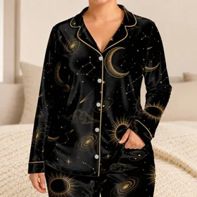 Antique Gold Celestial Moon Galaxy Motifs For Cozy Nighttime Lounging At Home For Women Satin Pajamas Set