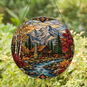 Rustic Mountain Cabin And Autumn Stream For Cozy Lodge Home Window Accent Decor Gift Stained Glass Suncatcher