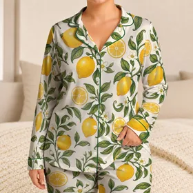 Yellow Lemon Blossom Botanical Citrus Motif for Women's Relaxed Summer Evening Lounging Satin Pajamas Set
