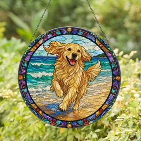 Joyful Long-Haired Golden Dog Running By The Seaside For Pet Lover Home Decor Accent Stained Glass Suncatcher