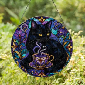 Black Cat With Violet Teacup Stained Glass Window Decor For Bohemian Homes And Cozy Nooks Stained Glass Suncatcher