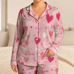 Hand Drawn Blush Pink Hearts And Love Script For Romantic Valentine Gifts For Women Satin Pajamas Set
