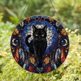 Gothic Black Cat Halloween Window Decor For Cat Lovers And Autumn Homes Gift Idea Stained Glass Suncatcher