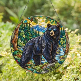 Stained Glass Bear in Sunglasses Woodland Accent for Cabin, Lodge, and Nature Lovers Home Stained Glass Suncatcher