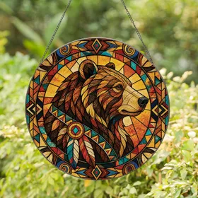 Tribal Bear Stained Glass Wall Decor for Autumn Cabin and Boho Rustic Home Spaces Stained Glass Suncatcher