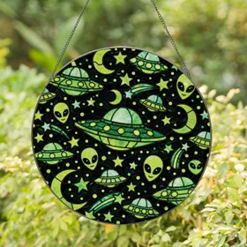 Black And Neon Green Alien UFO Moon Stars Coastal Decor For Beach House Home Accent Stained Glass Suncatcher