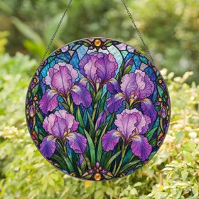 Vibrant Purple Iris Stained Glass Window Accent for Garden Lovers and Home Decor Stained Glass Suncatcher