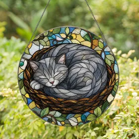 Sleeping Gray Cat in Basket Window Decor for Cat Lovers and Cozy Home Window Accent Stained Glass Suncatcher