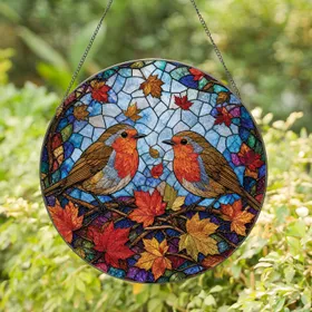 Robin Pair with Maple Leaves Autumn Window Accent for Cozy Home or Porch Decor Gift Stained Glass Suncatcher