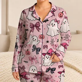 Cute Pink Ghost Bows For Halloween Sleepwear And Cozy Spooky Season Gifts For Women Satin Pajamas Set