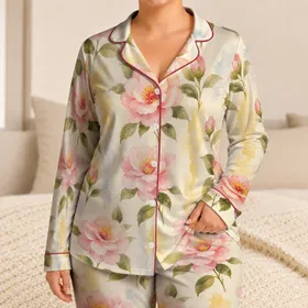 Blush Pink Camellia Floral Garden Relaxed At Home Gift For Women, Moms And Teens Satin Pajamas Set