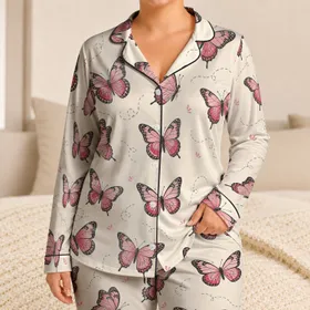 Pink Butterfly Botanical Motif for Relaxing Bedtime and Thoughtful Gifts for Women Satin Pajamas Set