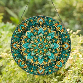 Teal Gold Floral Mandala Wall Decor For Living Room, Boho Home, And Garden Accent Charm Stained Glass Suncatcher
