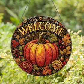 Autumn Pumpkin Welcome Stained Glass Window Decor for Fall Porch and Home Entryway Stained Glass Suncatcher