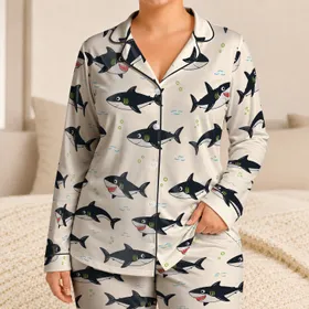 Playful Black And Lime Sharks For Cozy All Season Home Lounging Women Satin Pajamas Set