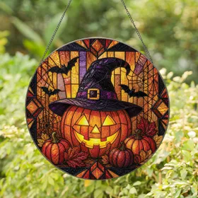 Halloween Jack-O'-Lantern Witch Hat Stained Glass Panel for Porch and Window Glow Accent Stained Glass Suncatcher