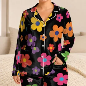 Colorful Retro Folk Flowers for Cozy Weekend Lounging and Relaxed Evening Comfort Satin Pajamas Set