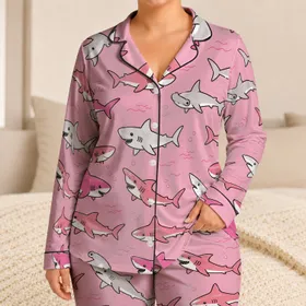 Pink Cartoon Sharks Ocean Motif for Beach Sleepovers and Cozy Lounging for Women Gifts Satin Pajamas Set