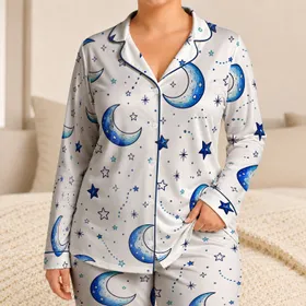 Celestial Crescent Moon And Blue Star Motif For Cozy Bedtime And Relaxed Evenings Women Satin Pajamas Set