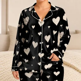 Ivory Hearts on Black for Valentine's Day Sleepwear, Cozy Romantic Lounging Satin Pajamas Set