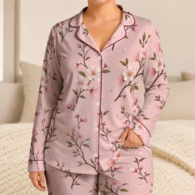 Romantic Cherry Blossom Branches For Spring Lounging And Bridal Morning Rituals Women Satin Pajamas Set