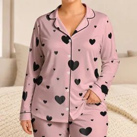 Blush Pink Black Heart Tossed Motif For Valentine Lounge Gifts For Women And Teens Satin Pajamas Set