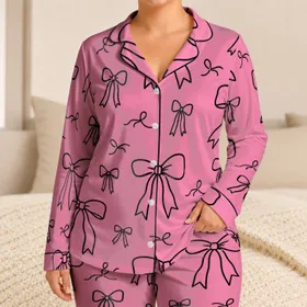 Black Ribbon Bows on Candy Pink for Cozy Nights, Bridal Gifts, and Women’s Lounge Style Satin Pajamas Set