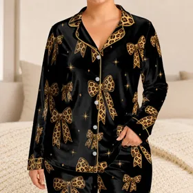 Leopard Bow And Gold Star Motif for Glam Sleepovers and Relaxed Nights for Stylish Women Satin Pajamas Set