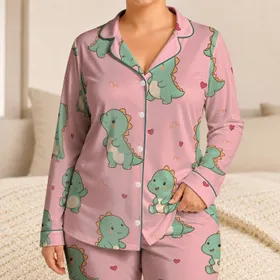 Kawaii Baby Dinosaur Hearts For Cozy Bedtime Sleepover Gifts For Young Dino Lovers Satin Pajamas Set